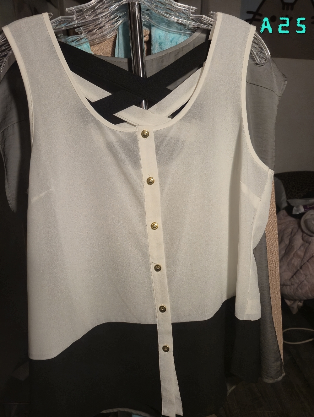 Mine Large Sheer Black & Cream Button Down Deep Cross Drop Back Top New